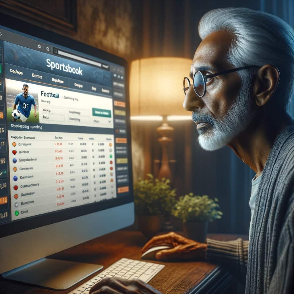 Elderly Indian Man looking at football betting options on a computer