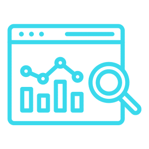 Intense Research. Blue icon of computer screen with chart and magnifying glass.