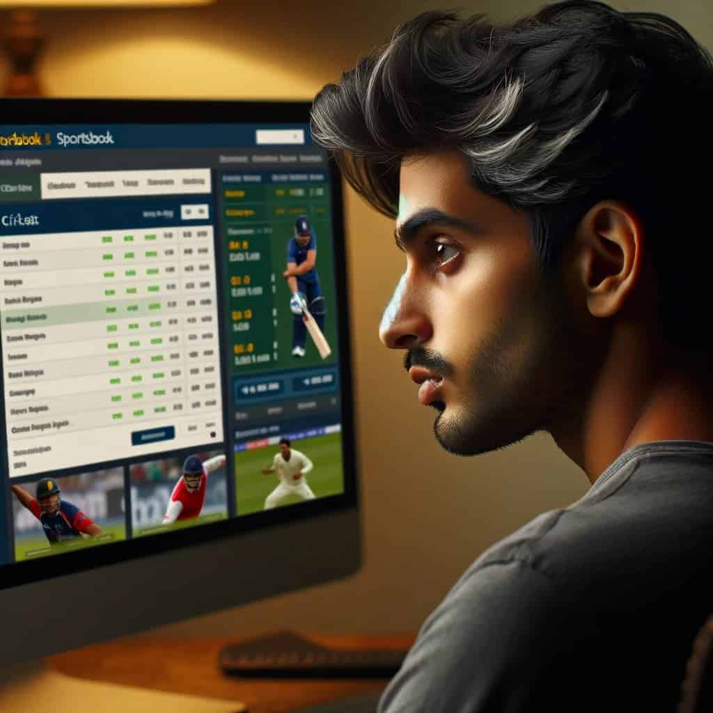 Young Indian Man looking at cricket betting options on a computer