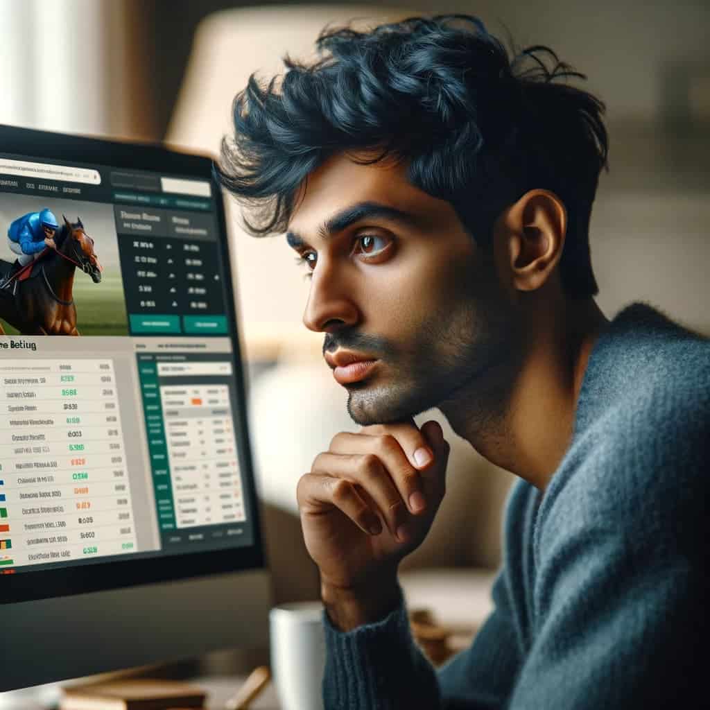 Young Indian Man looking at horse racing betting options on a computer