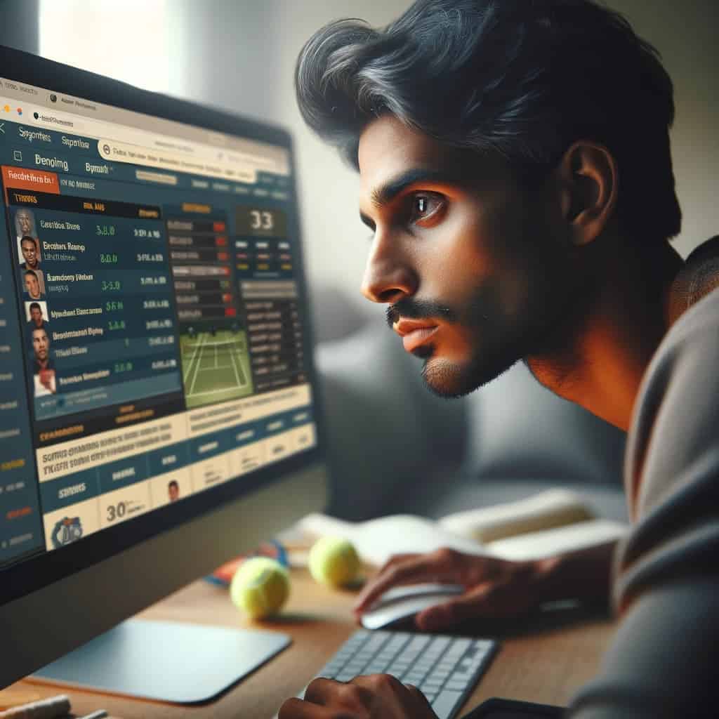 Young Indian Man looking at tennis betting options on a computer