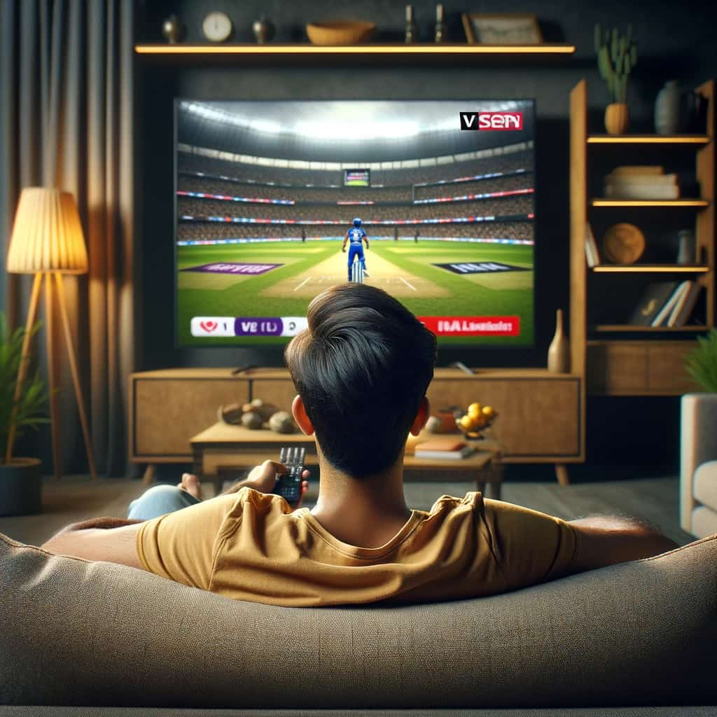 Young Indian Man watching IPL on TV