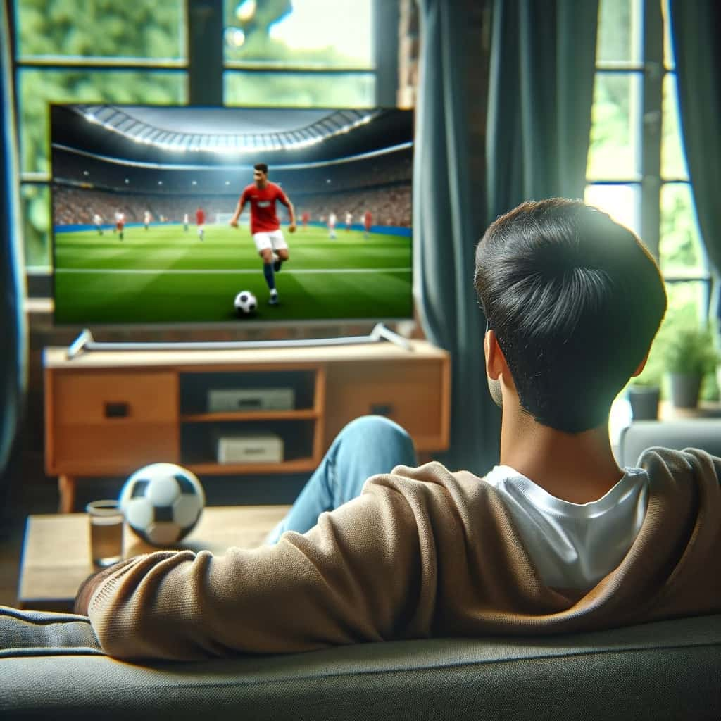 Young Indian Man watching football on TV