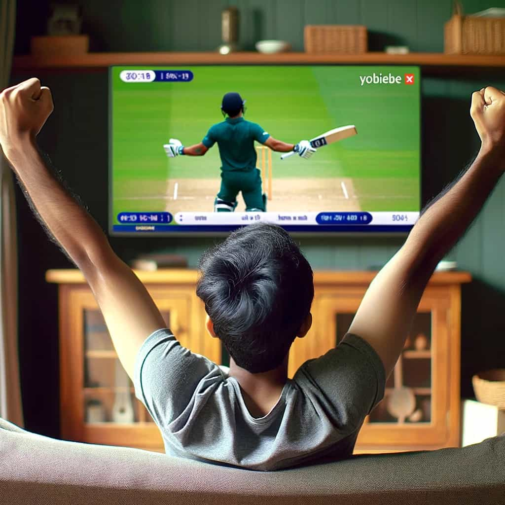 Young Indian man cheering at cricket match on TV