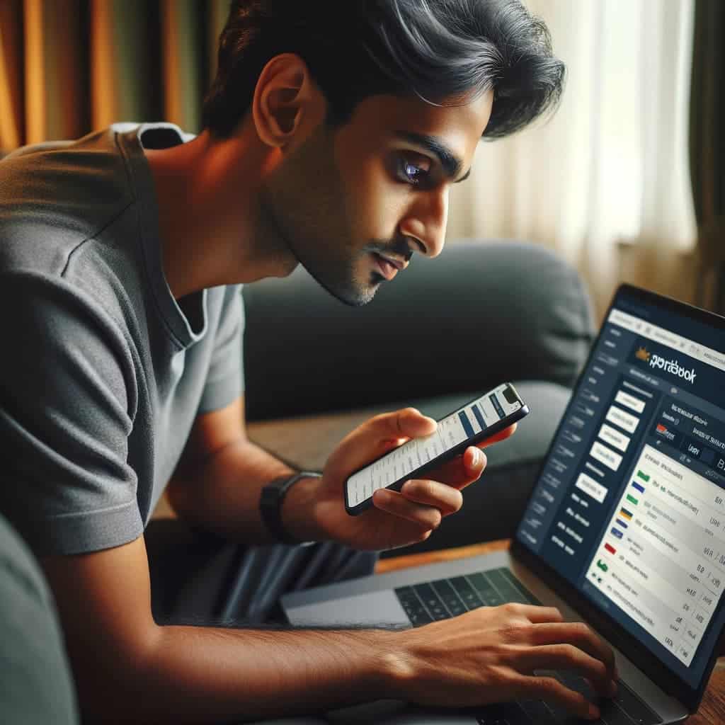 Young Indian man researching sportsbooks on his phone and laptop