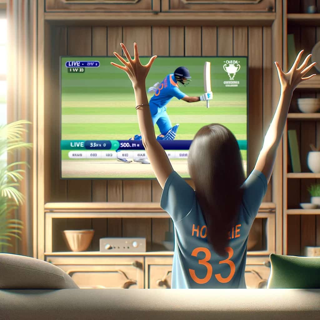 Young Indian woman cheering at cricket match on TV