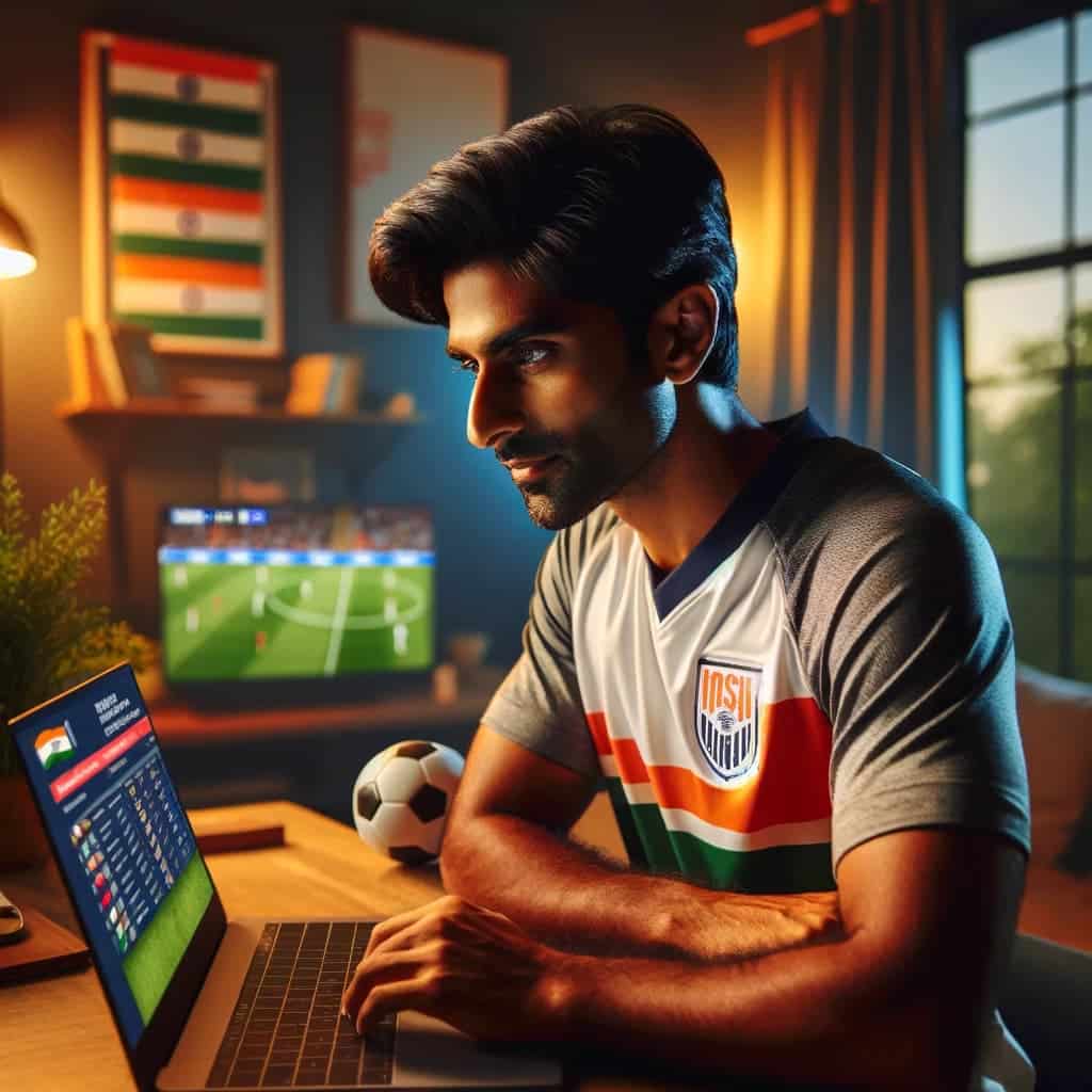 An Indian sports fan, in his late 20s, with medium skin tone and short black hair, sitting at a desk in his home office. He is wearing a football jers